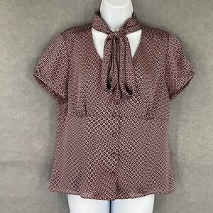 Ann Taylor LOFT Burgundy‎ Geometric Print Tie Neck Blouse 14 Office Romantic